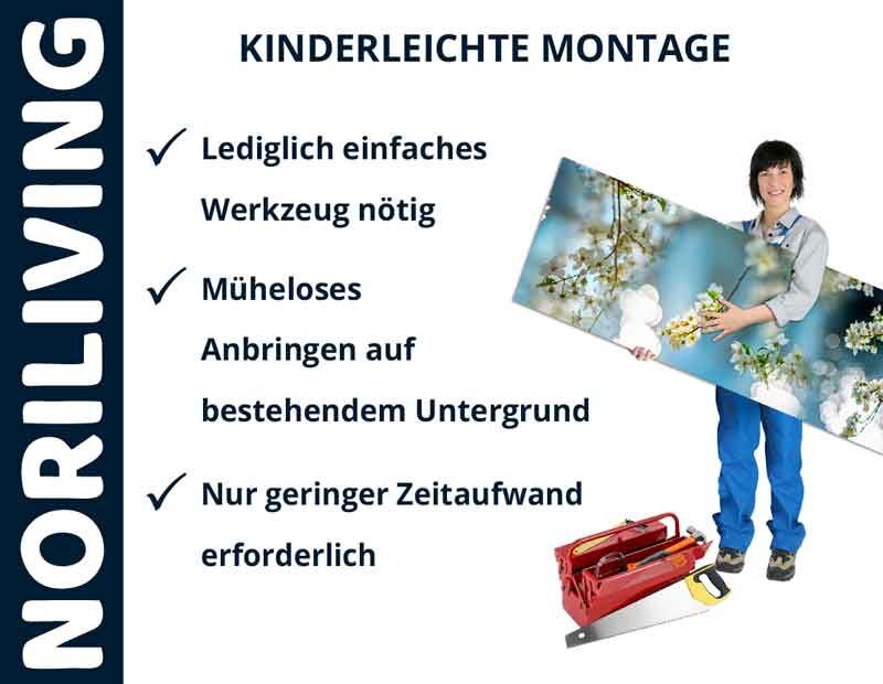 Frau hält Wanddekor von NORILIVING, leicht montierbar mit einfachem Werkzeug und geringem Zeitaufwand