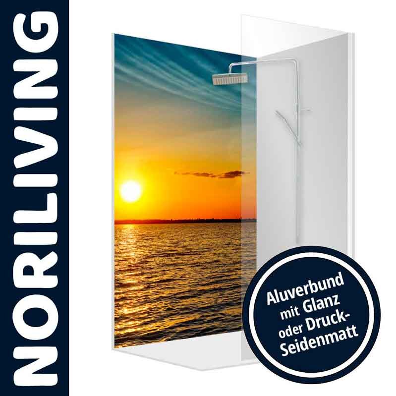 Dekorative Duschrückwand mit Sonnenuntergang und Aluverbund in Glanz oder Druck-Seidenmatt