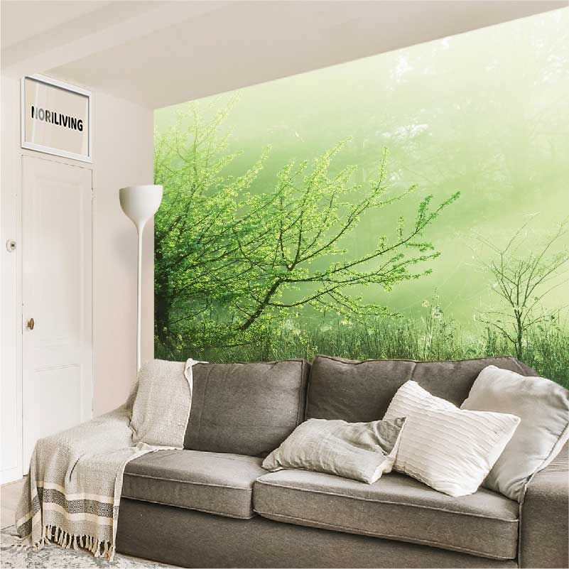 im Wohnzimmer eingebaute Wohnzimmerrückwand mit Motiv Sommerliche Waldlichtung 459
