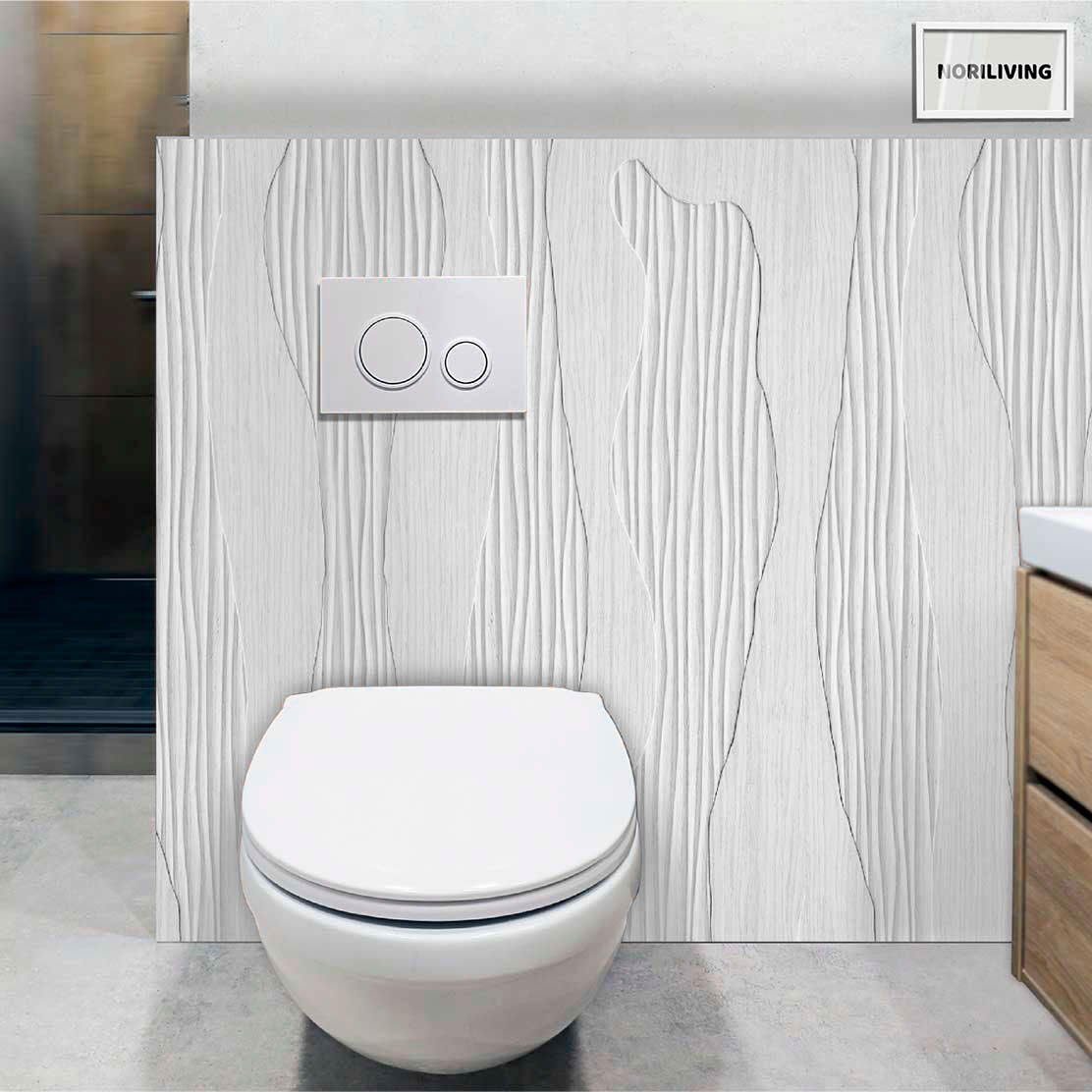 im WC eingebaute Toilettenrückwand mit Motiv Holz mit Struktur beige 576 schwarz-weiß