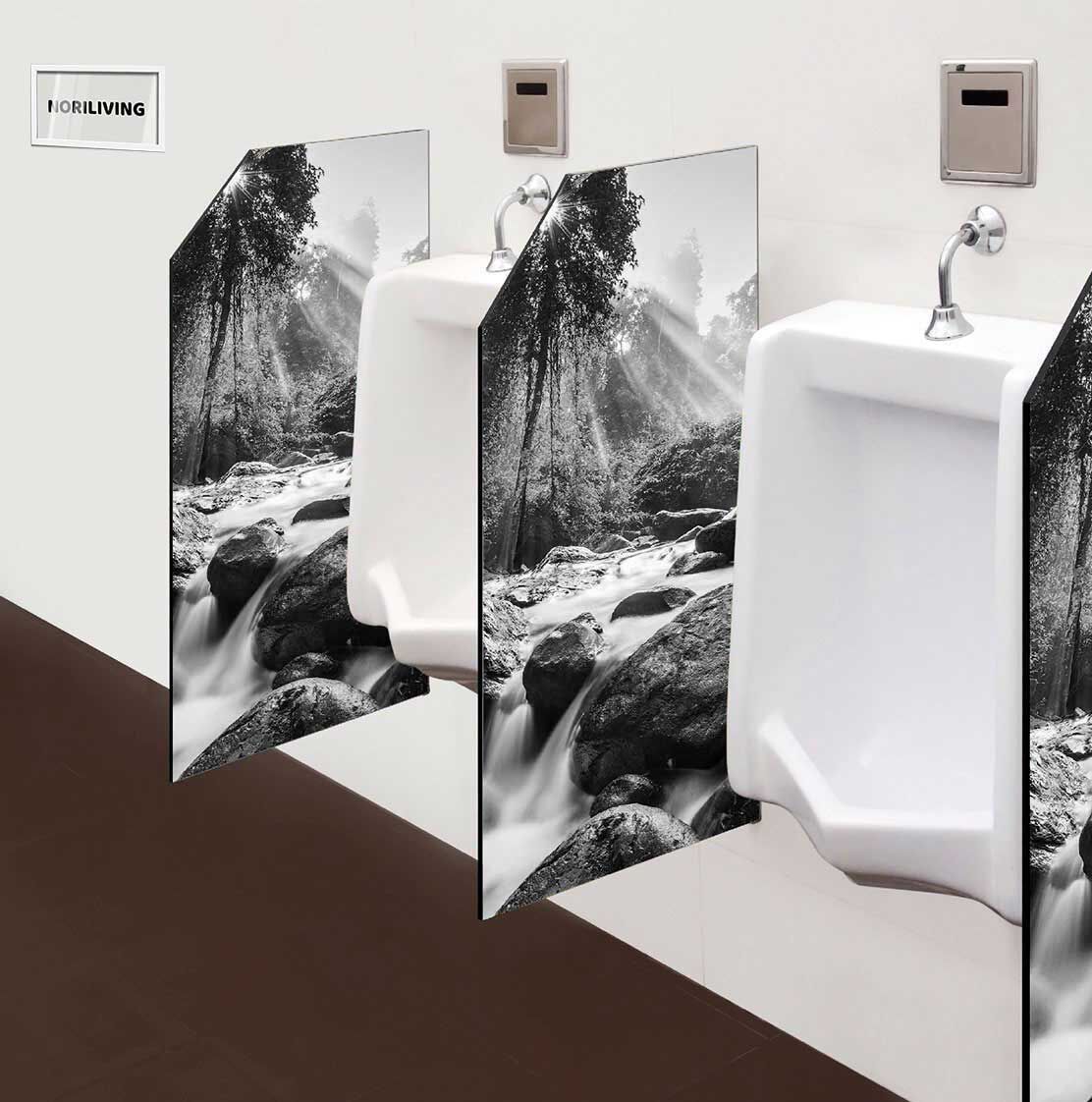 in der Toilette eingebaute Schamwand mit Motiv kleiner Wasserlauf über Felsen 736 schwarz-weiß