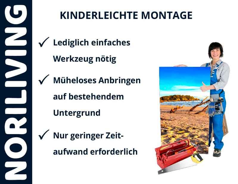 Person zeigt kinderleichte Montage eines Wandbildes mit minimalem Werkzeugaufwand