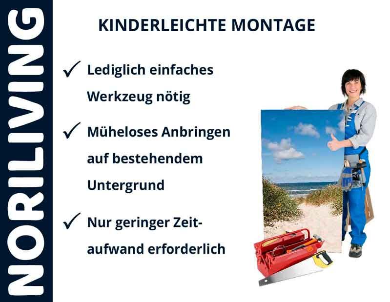 Frau mit Werkzeugkasten hält ein Bild, neben Text über einfache Montage mit wenig Aufwand