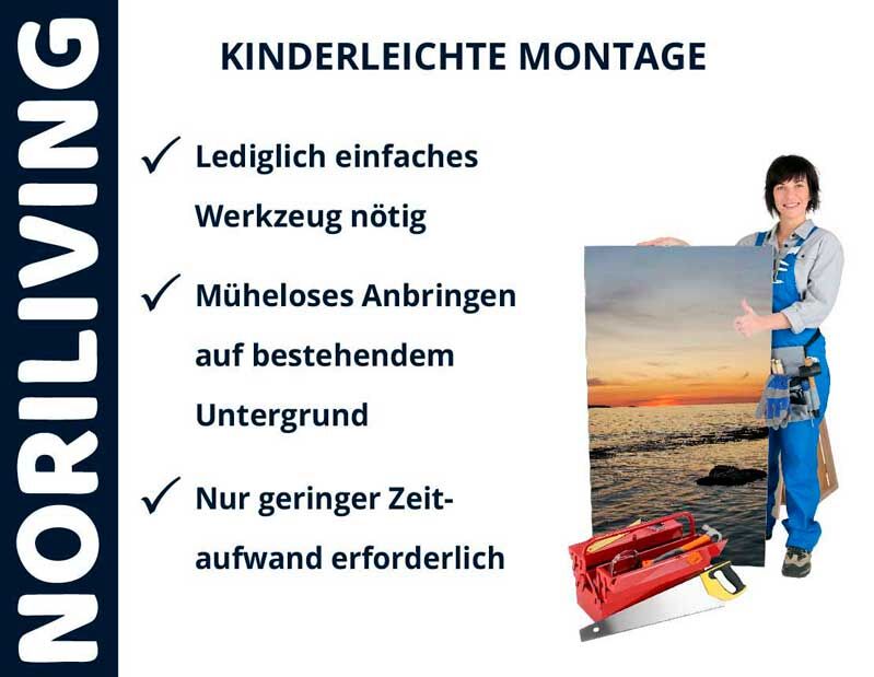 Mann präsentiert kinderleichte Montage-Lösungen mit Noriliving, einfacher Werkzeugbedarf, mühelos und zeitsparend.