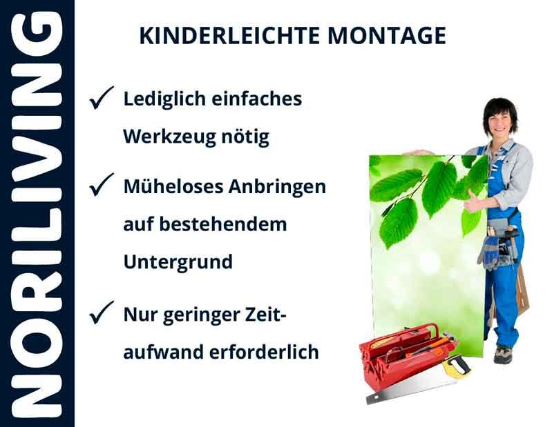 Person präsentiert einfach zu montierende Wanddekorplatte mit minimalem Werkzeugeinsatz, beworben von Noriliving.