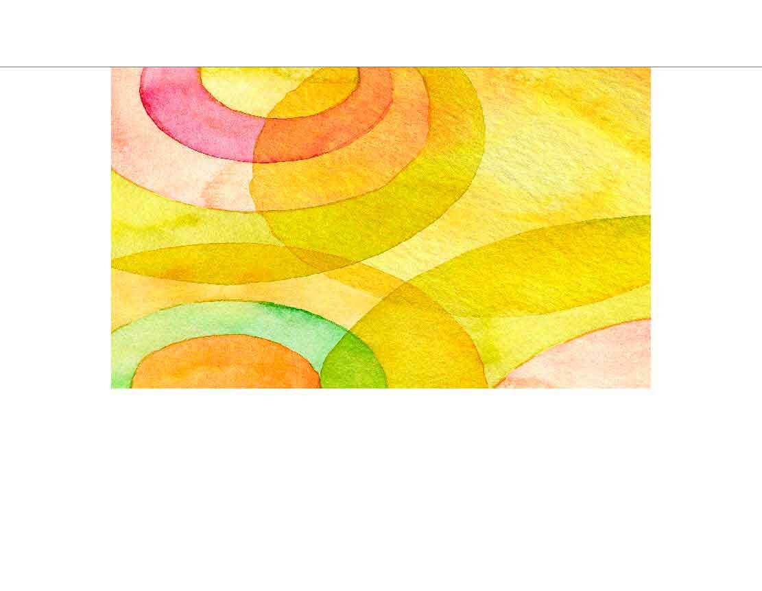 Ein farbenfrohes, abstraktes Aquarellbild mit überlappenden Kreisen in Gelb, Orange und Grün