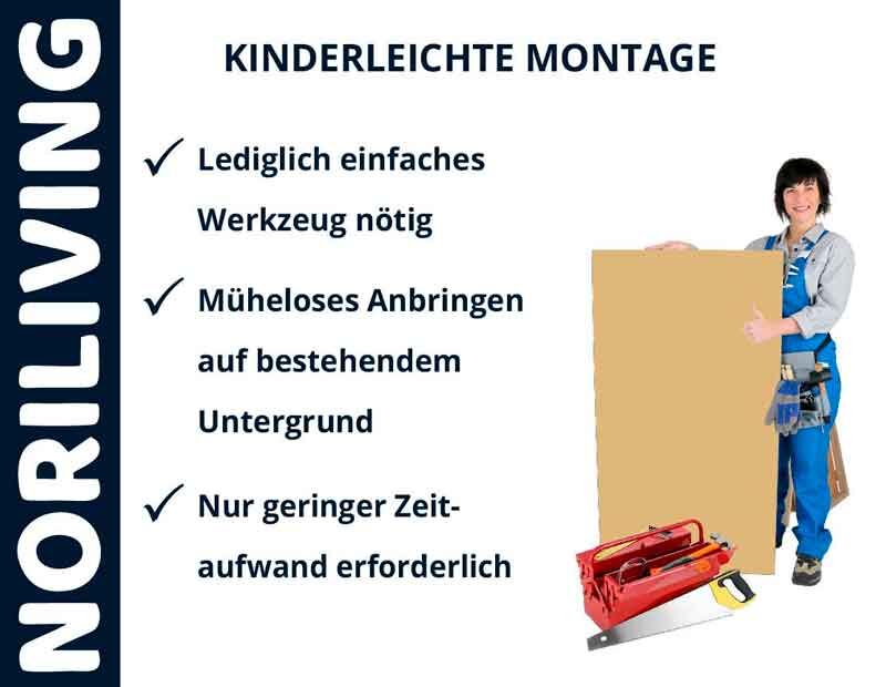 Frau in Arbeitskleidung zeigt einfache Montage-Schritte mit wenig Werkzeug und Zeitaufwand