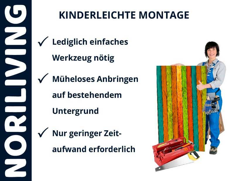 Werbung für Noriliving mit einfacher Montage: Person hält buntes Material, daneben Werkzeuge, Texte zur einfachen Anbringung und geringem Zeitaufwand.