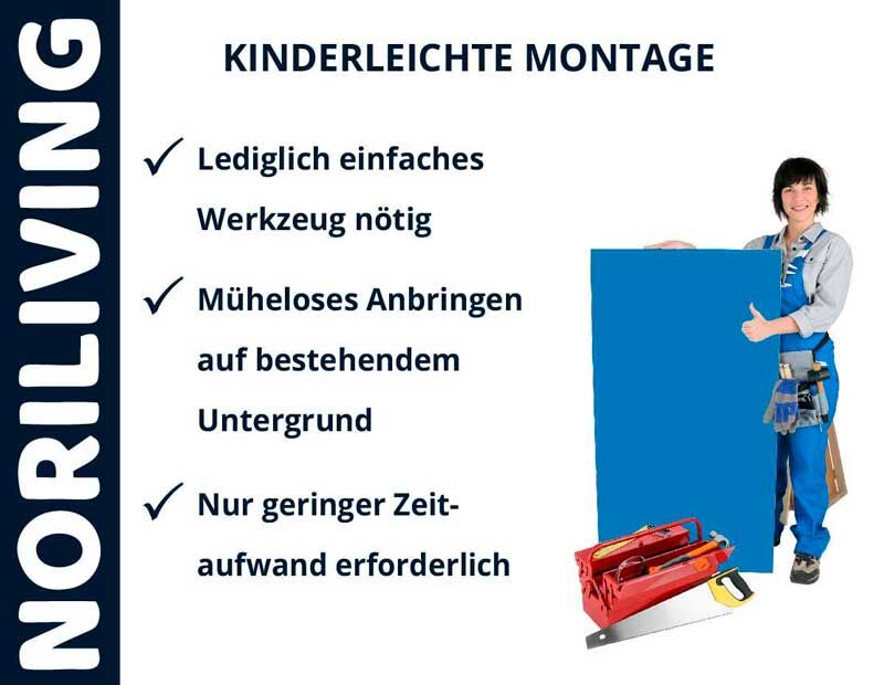 Schild zeigt kinderleichte Montage: Lediglich einfaches Werkzeug nötig, müheloses Anbringen auf bestehendem Untergrund, geringer Zeitaufwand erforderlich. Person mit blauer Arbeitskleidung hält blaues Schild. Noriliving Logo am Rand.