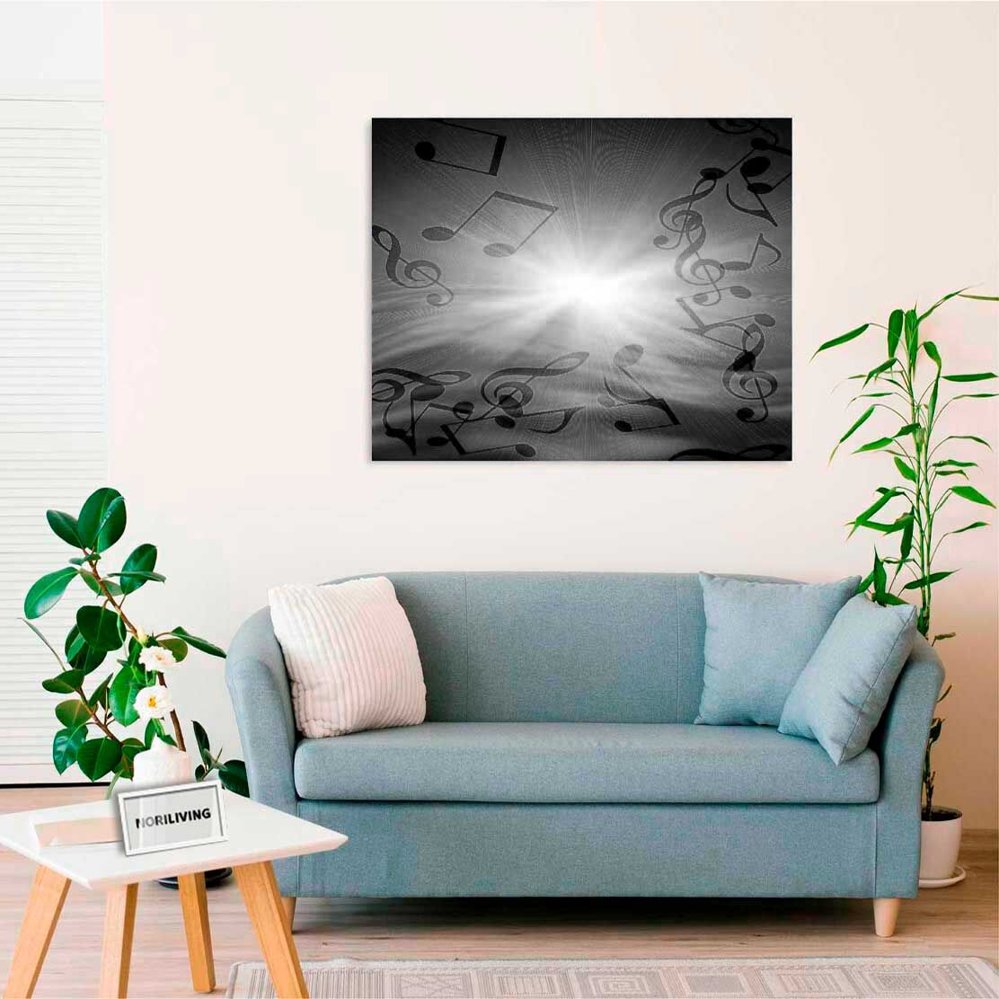 Wandbild über dem Sofa mit Motiv Musiknoten im Sonnenstrahl 489 schwarz-weiß