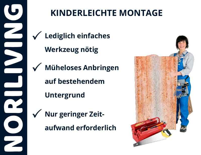 Werbung für NORILIVING mit einfachen Montagetipps: Lediglich einfaches Werkzeug nötig, müheloses Anbringen, geringer Zeitaufwand. Frau mit Holzpaneel und Werkzeug abgebildet.