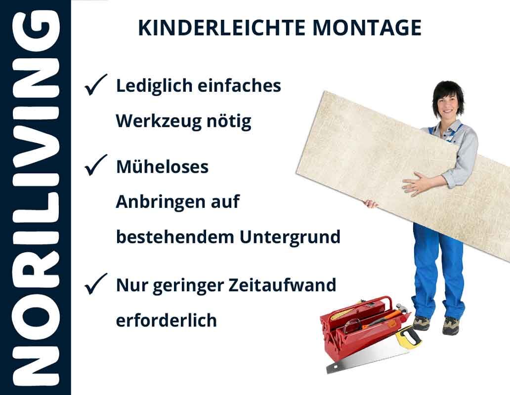 Person hält Laminatplatte, daneben Checkliste mit Vorteilen der kinderleichten Montage und Werkzeug-Set von NORILIVING