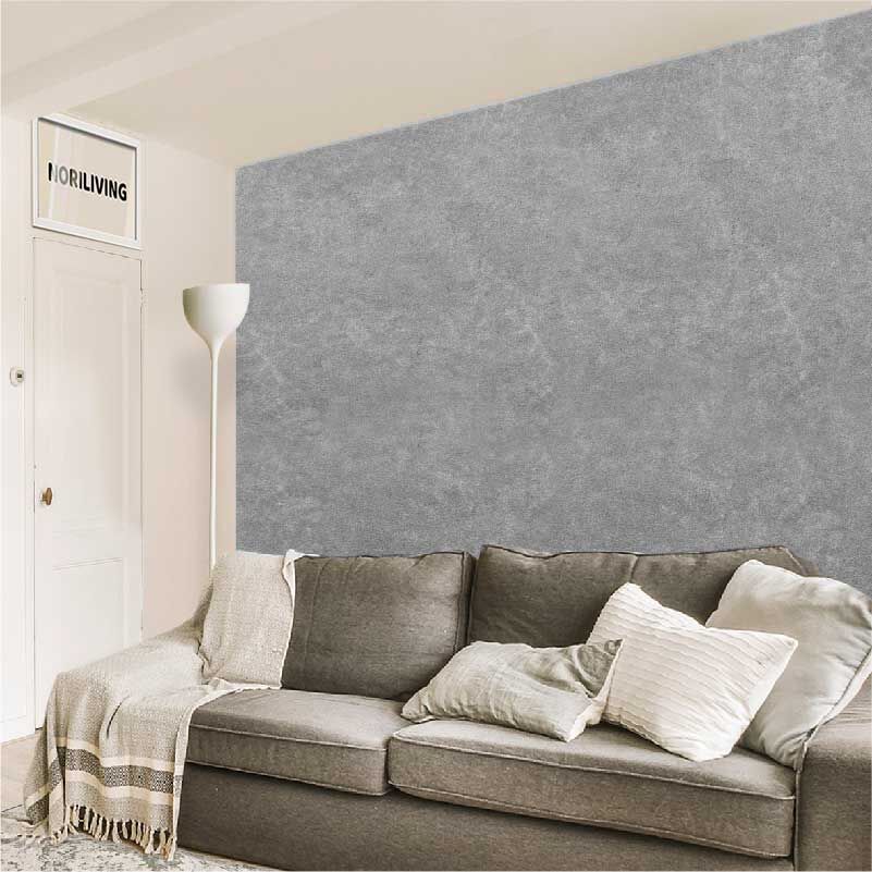 im Wohnzimmer eingebaute Wohnzimmerrückwand mit Motiv Stein beige 883 schwarz-weiß