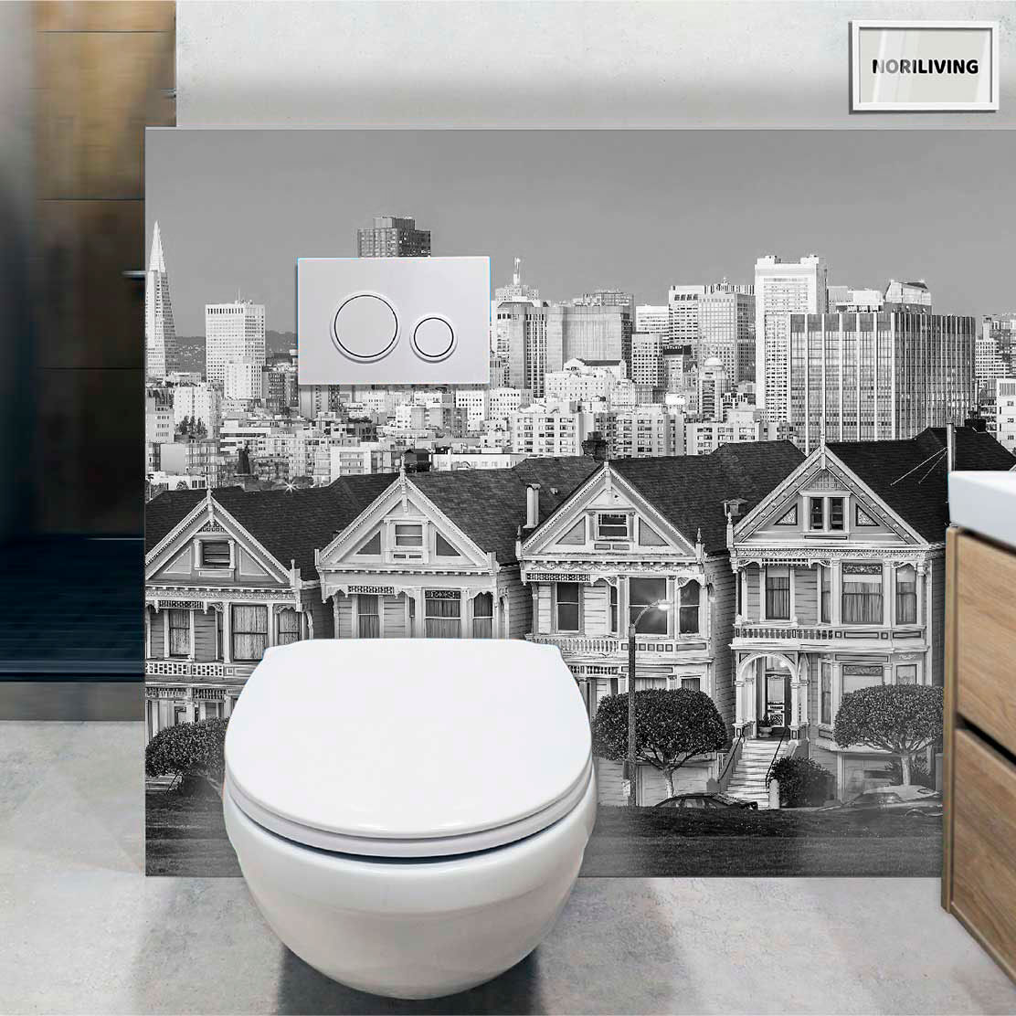 Design-Badezimmer mit wandmontierter Toilette und Fototapete von viktorianischen Häusern und einer Stadt-Skyline
