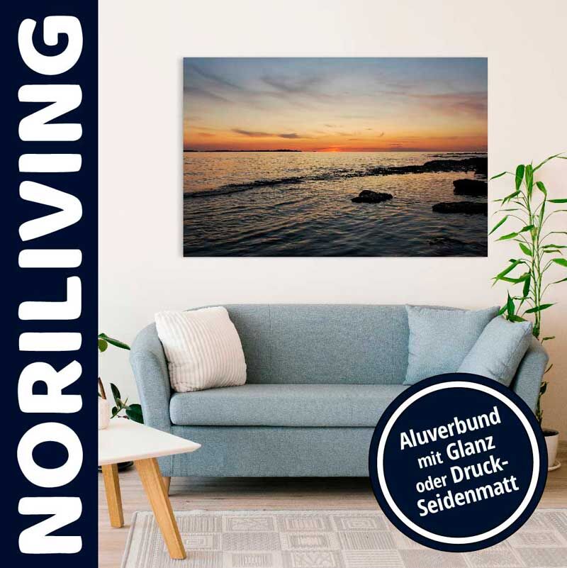 Wohnzimmer mit blauem Sofa, Pflanzen und Aluminiumdruck eines Sonnenuntergangs über dem Meer, hervorgehoben durch Noriliving-Design.