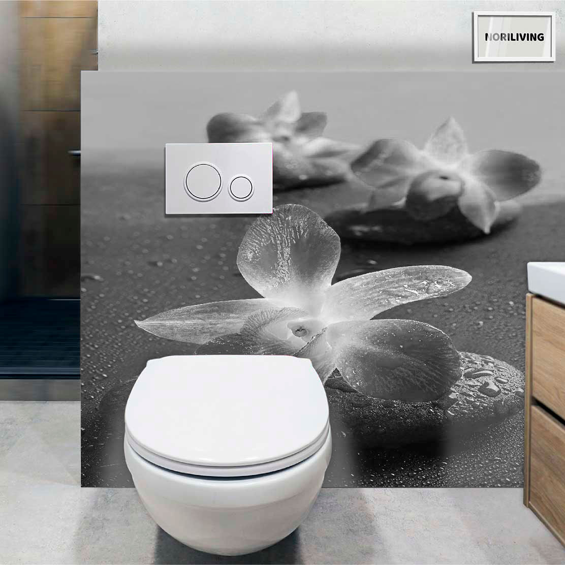 im WC eingebaute Toilettenrückwand mit Motiv Zen Steine mit Orchideen 642 schwarz-weiß