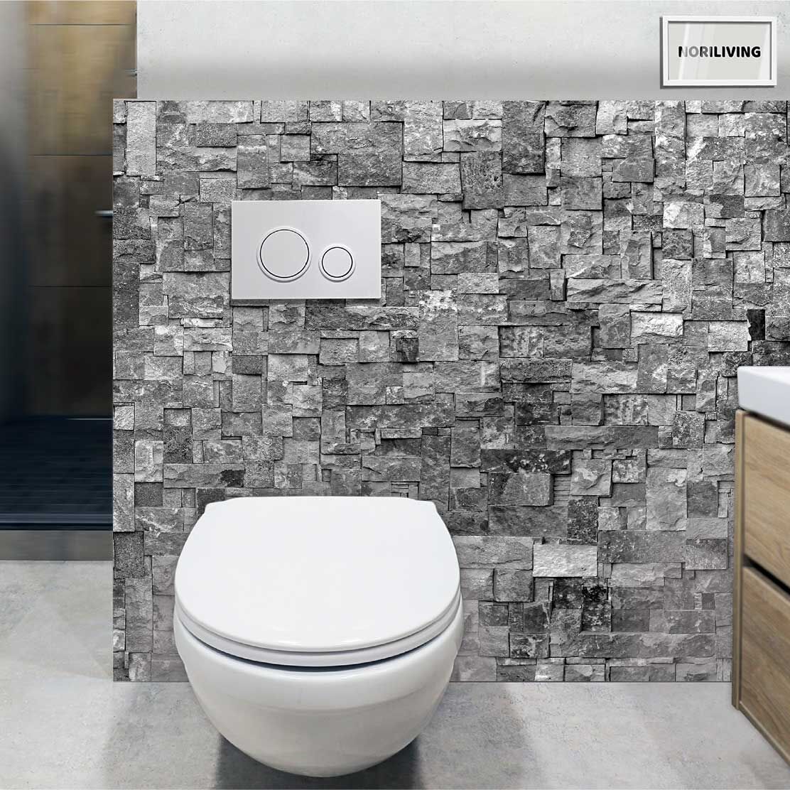 im WC eingebaute Toilettenrückwand mit Motiv Steinwand Mosaik mittelgrau 209b