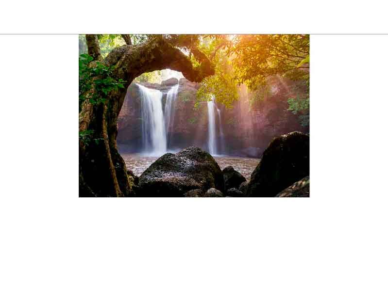 Sonnenlicht beleuchtet einen Wasserfall, der von üppigem Grün umgeben ist