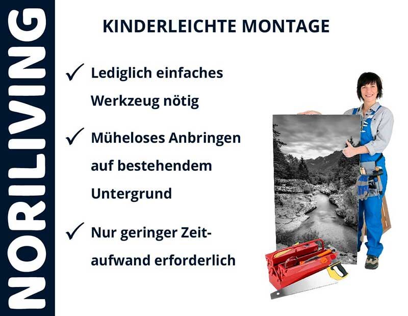 Handwerkerin zeigt kinderleichte Montageanleitung von NORILIVING mit einfachem Werkzeug und geringem Zeitaufwand