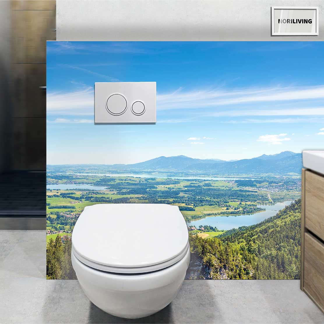 im WC eingebaute Toilettenrückwand mit Motiv Blick ins Tal im Allgäu 427