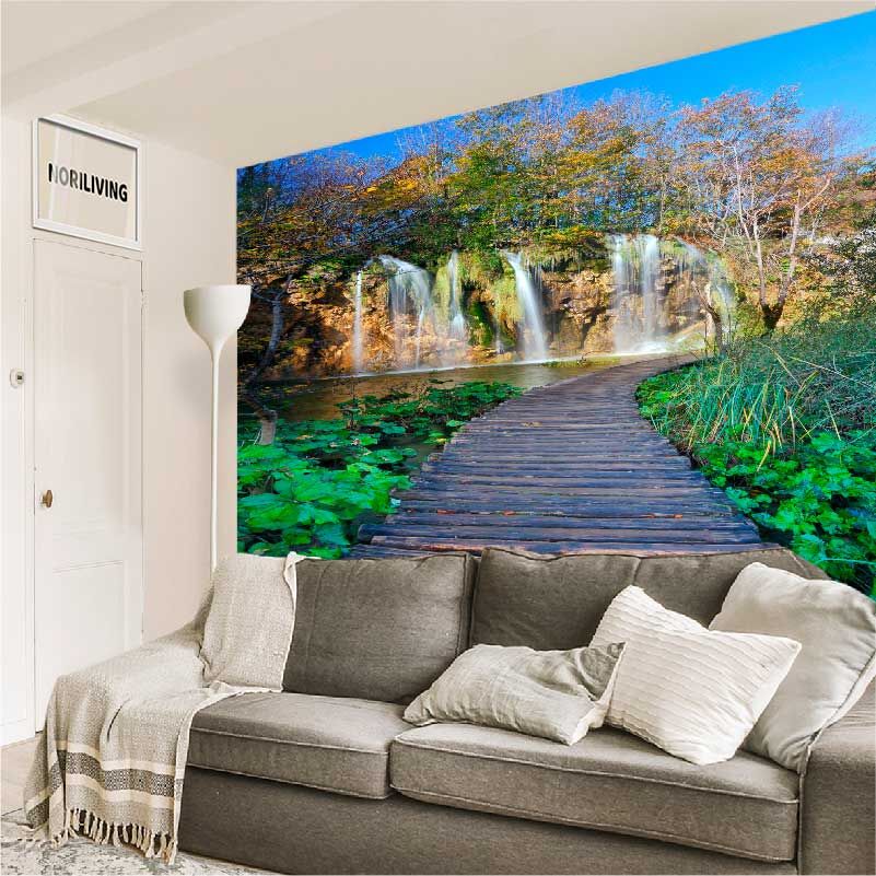 im Wohnzimmer eingebaute Wohnzimmerrückwand mit Motiv Wasserfall Nationalpark Plitvicer Seen Kroatien 813