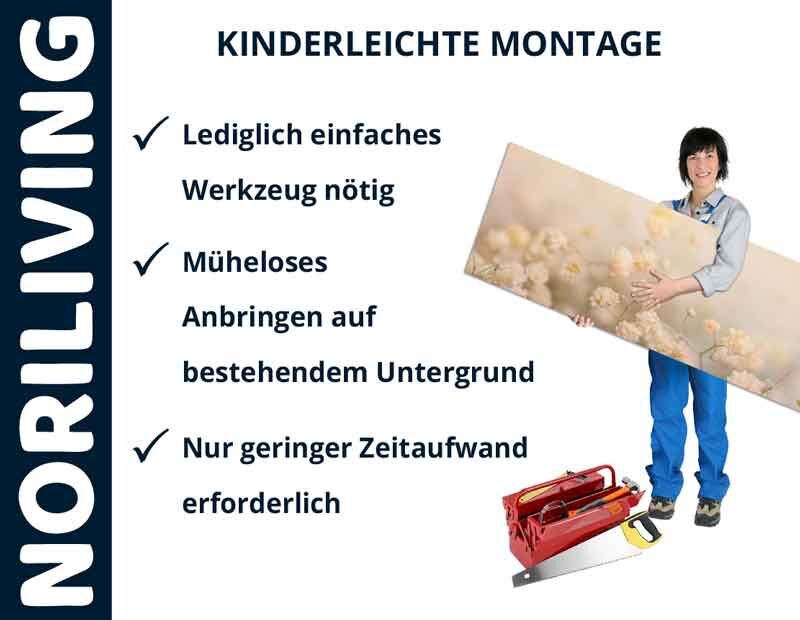Werbung für einfache Montage, benötigt nur grundlegendes Werkzeug und wenig Zeitaufwand. Person hält Bild und Werkzeuge im Hintergrund.