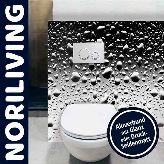 Moderne WC-Rückwand mit Tropfen-Design, Aluverbund in Glanz oder Druck-Seidenmatt