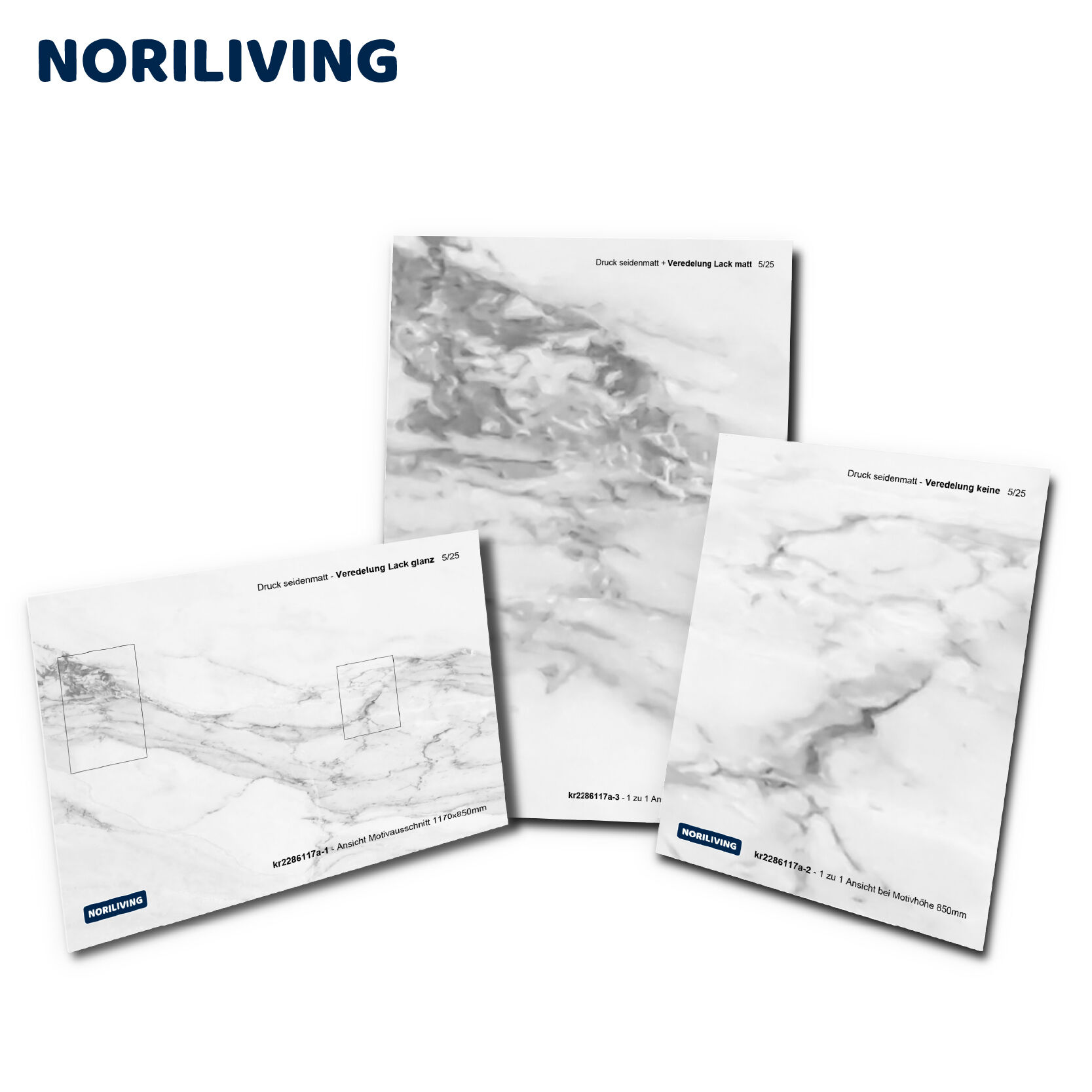 Drei Noriliving Fliesenmuster in seidenmattem Druck mit unterschiedlichen Veredelungen: Lack matt, Lack glanz und ohne Veredelung.