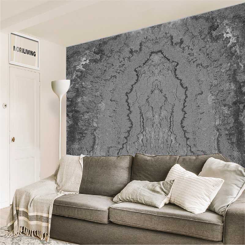 im Wohnzimmer eingebaute Wohnzimmerrückwand mit Motiv Rost 075 schwarz-weiß