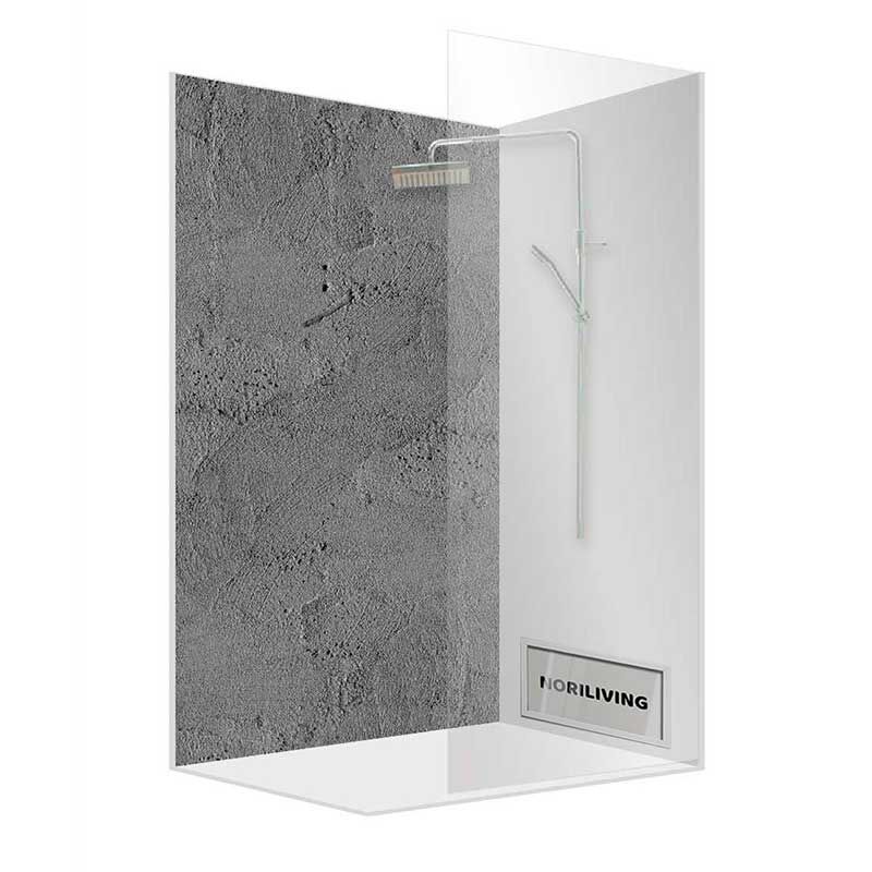 Moderne Duschkabine mit grauer Betonwand und Glasfront, Marke Norliving