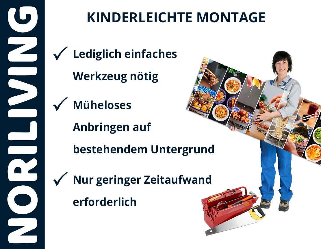 Grafik zur einfachen Montage von Noriliving Paneelen, Person hält großes Bild mit verschiedenen Motiven, Symbole für benötigtes Werkzeug