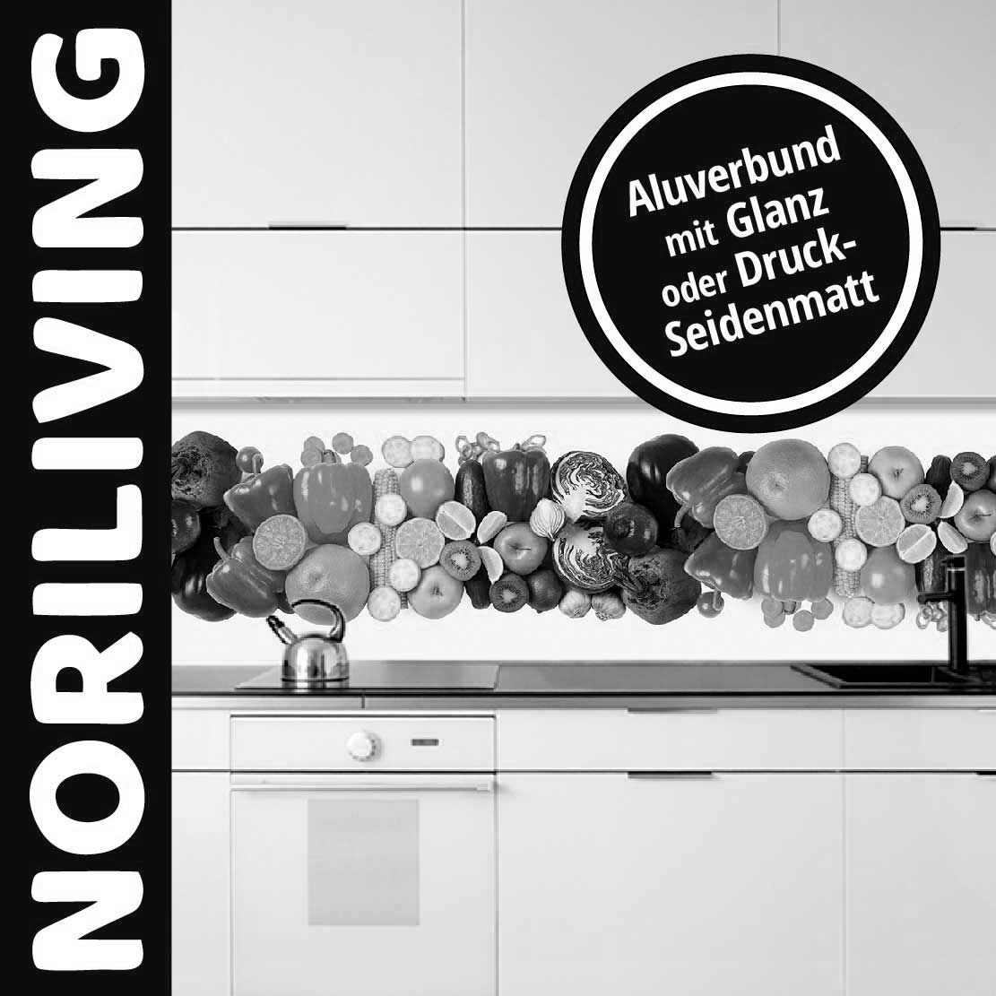 Küchenrückwand mit buntem Gemüse und Aluverbund in Glanz oder Seidenmatt