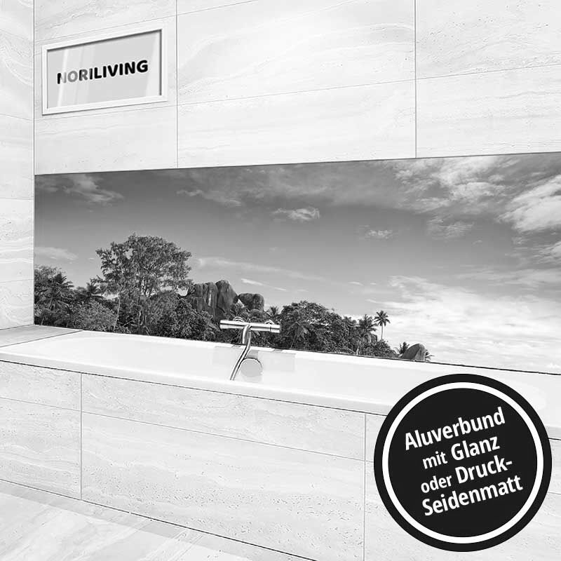 Ansicht des Badrückwand-Motivs Strand Anse Source D Argent Seychellen 987 schwarz-weiß Höhe zentriert