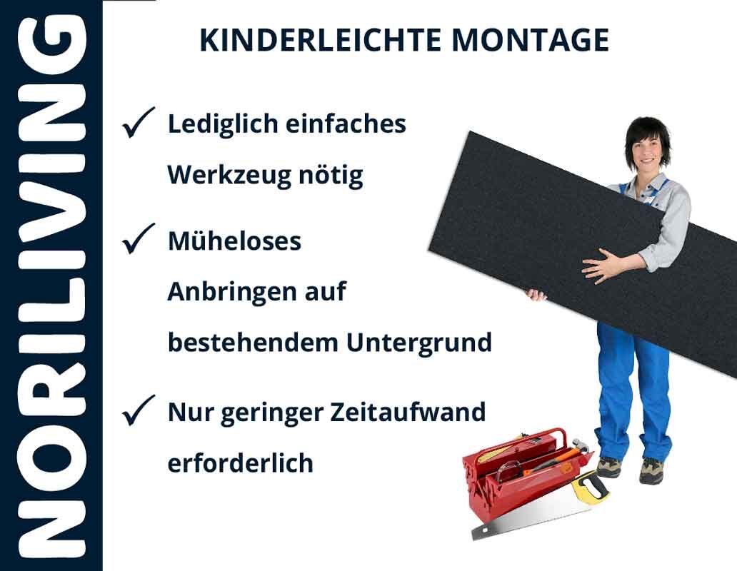 Person hält große Platte, daneben Montagewerkzeug und Text über einfache Montage mit Noriliving