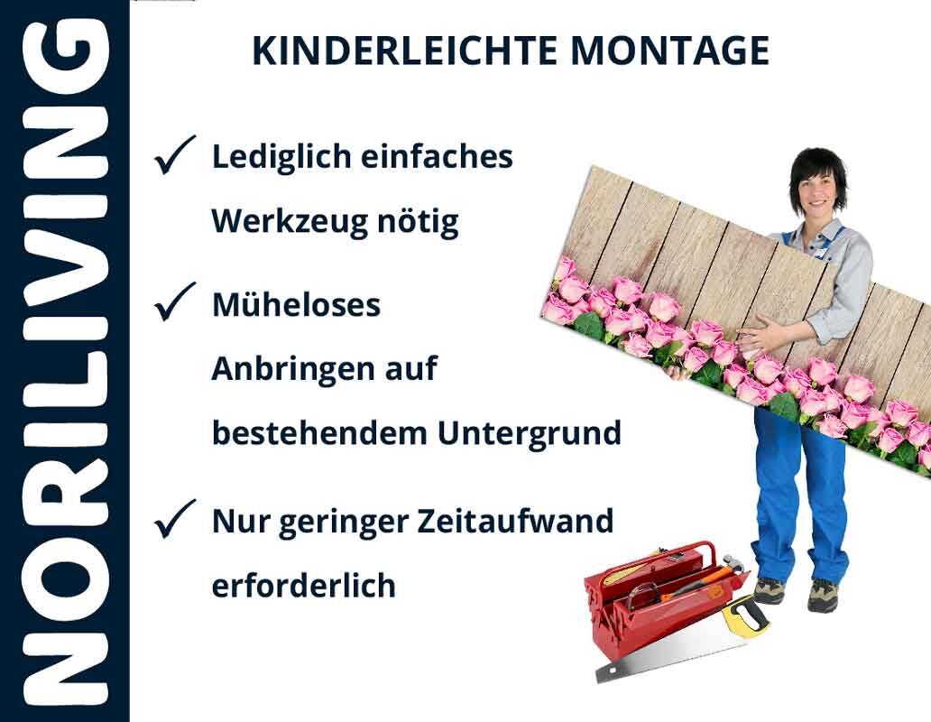 Person hält dekoratives Holzpaneel mit rosa Blumen, daneben Montagewerkzeug und Noriliving-Werbung mit einfacher Anleitung.