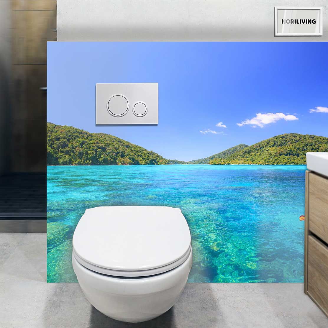 im WC eingebaute Toilettenrückwand mit Motiv Korallenlandschaft im Surin Nationalpark Phuket 300