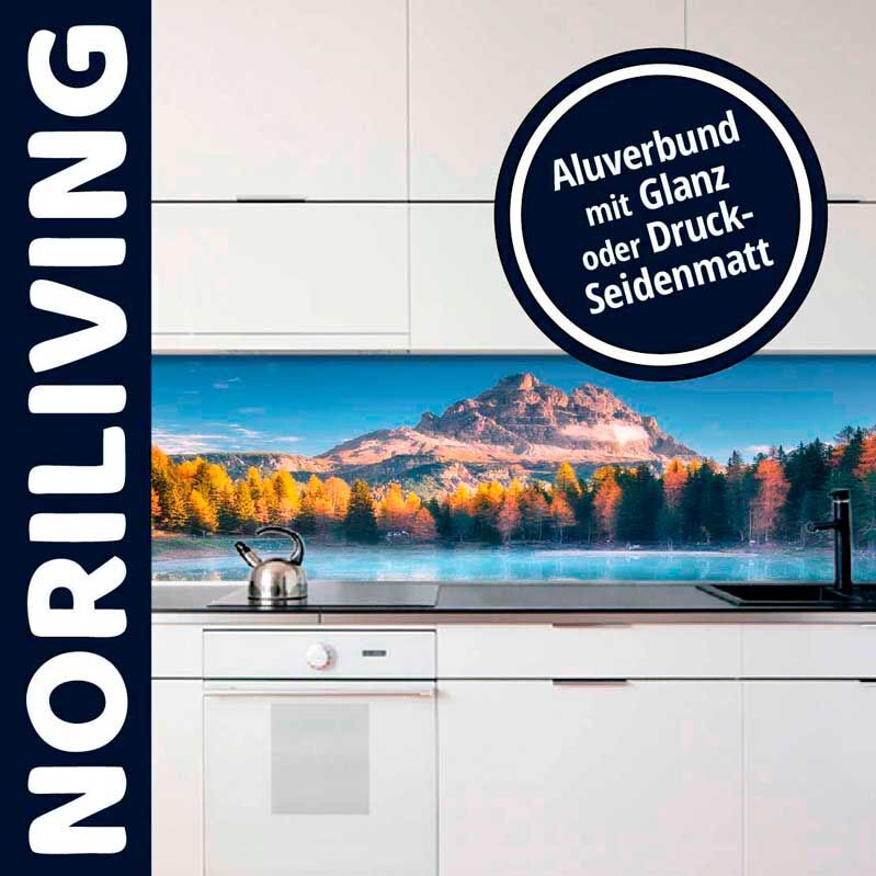 Moderne Küche mit stilvoller Aluverbund-Rückwand mit Bergmotiv in Glanz oder Seidenmatt von Noriliving
