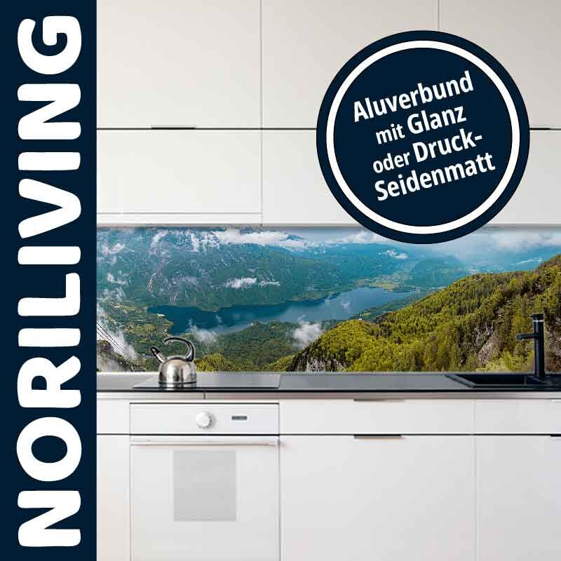 Küche mit weißer Einrichtung und dekorativer Aluverbund-Rückwand mit Landschaftsmotiv