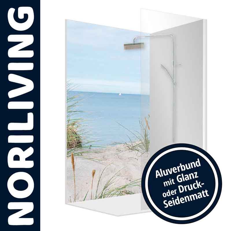 Duschabtrennung von Noriliving mit dekorativem Strandmotiv und Aluverbund-Oberfläche in Glanz oder Druck-Seidenmatt