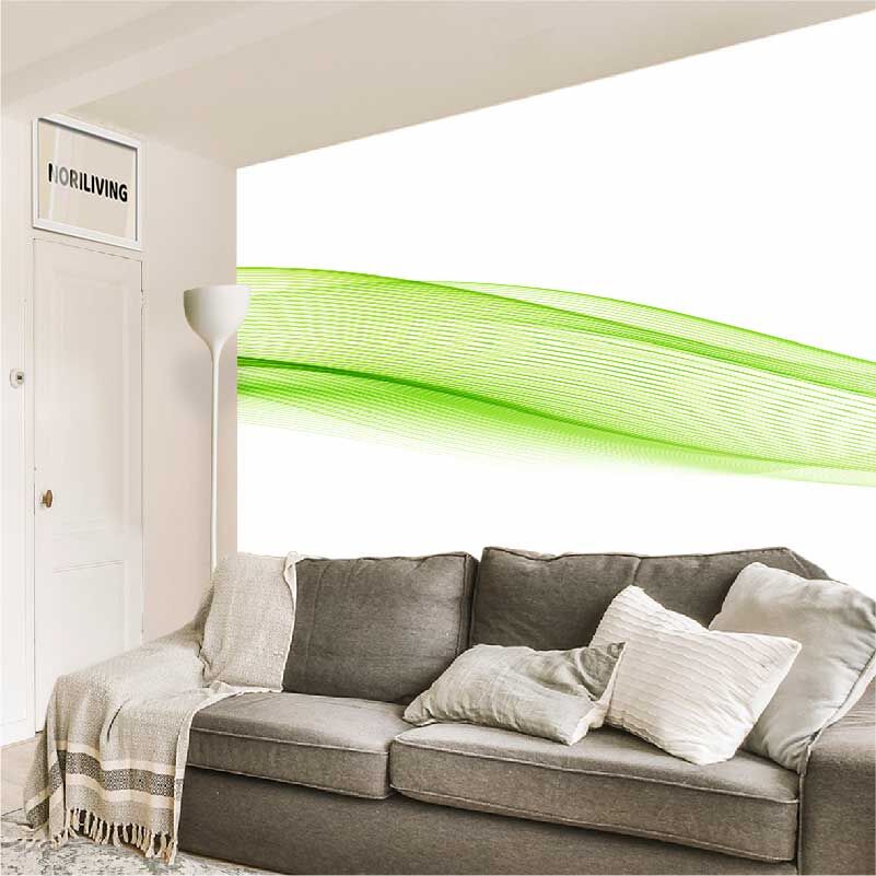 im Wohnzimmer eingebaute Wohnzimmerrückwand mit Motiv abstrakte grüne Wellenlinien 973