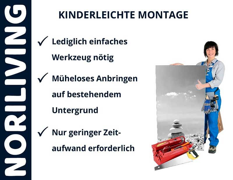 Werbung für Noriliving mit Anleitung zur einfachen Montage: Nur einfaches Werkzeug nötig, müheloses Anbringen auf vorhandenem Untergrund, geringer Zeitaufwand.