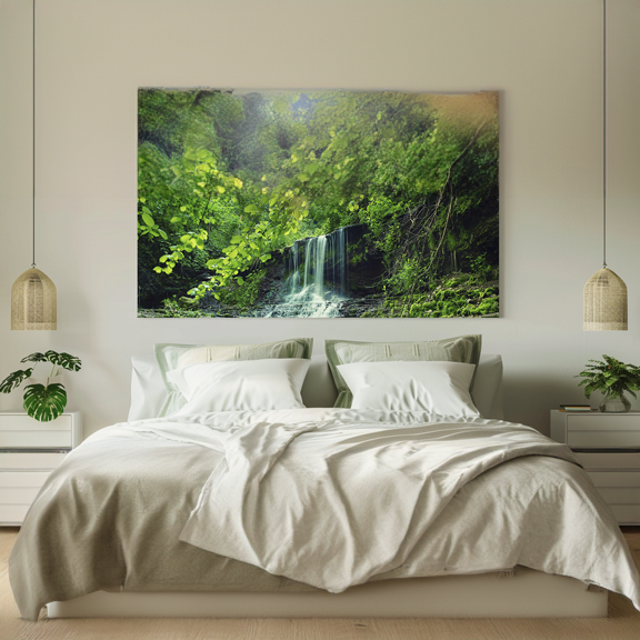 Modernes Schlafzimmer mit Wandbild eines Waldwasserfalls Ein gemütliches Schlafzimmer mit einem großen Wandbild, das einen Wasserfall in einem dichten Wald darstellt.