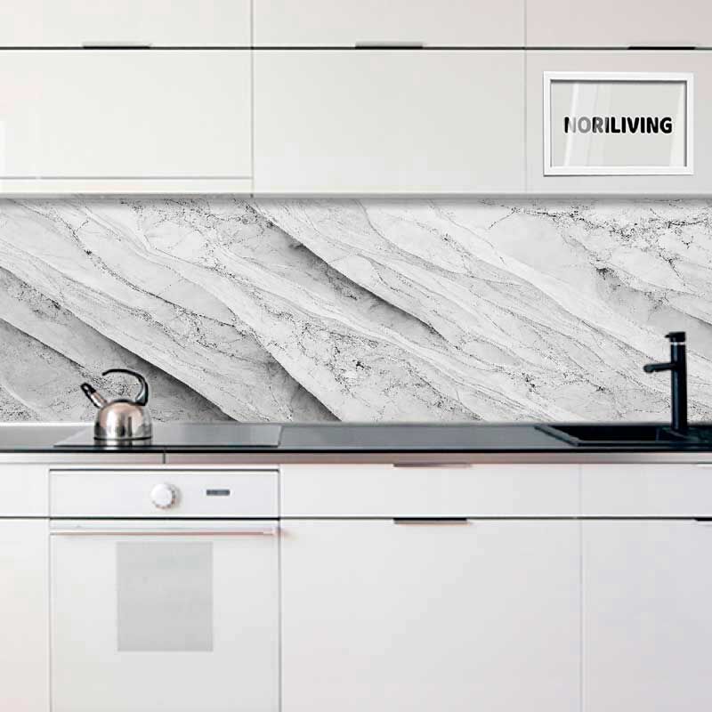 in der Küche eingebaute Küchenrückwand mit Motiv Marmor rosé-türkis-brilliantblau 073 schwarz-weiß