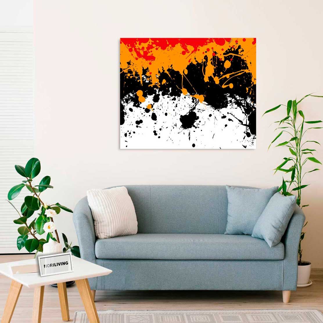 Wandbild über dem Sofa mit Motiv Farbspritzer schwarz-orange 768