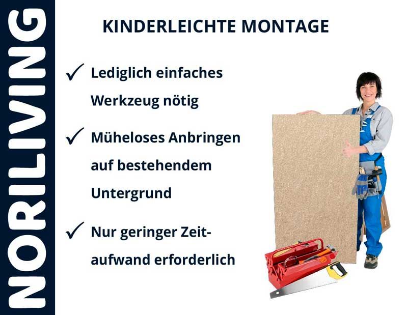 Frau mit Werkzeug zeigt einfache Montageanleitung von Noriliving. Lediglich einfaches Werkzeug nötig, müheloses Anbringen auf bestehendem Untergrund, nur geringer Zeitaufwand erforderlich.