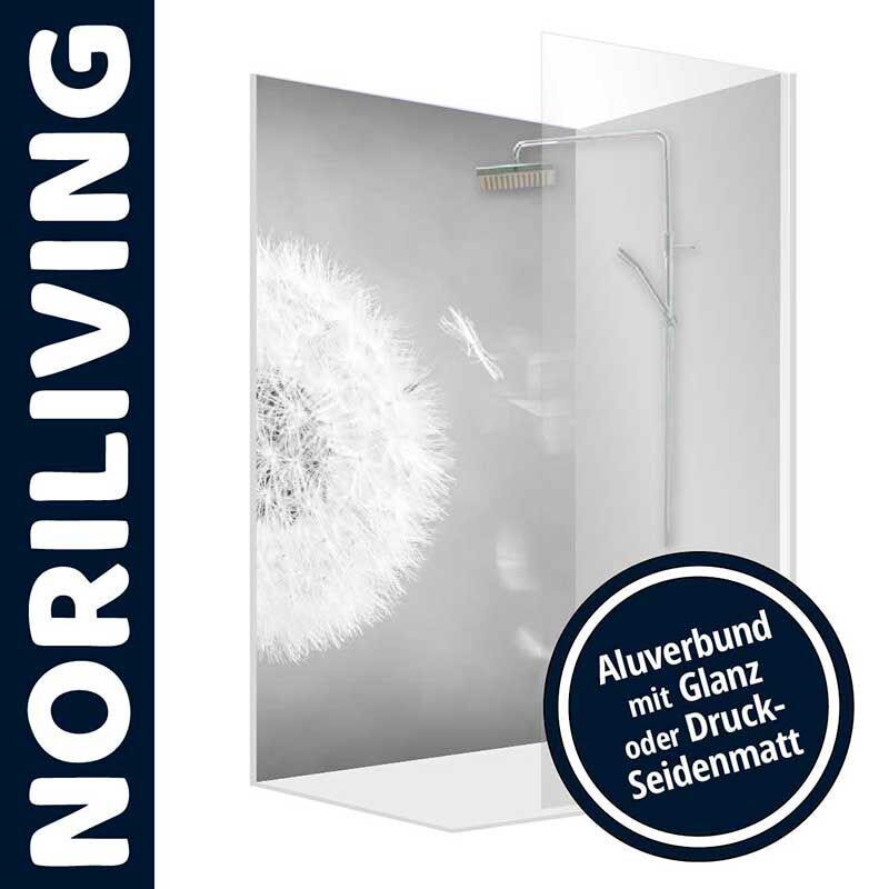 Duschwand von Noriliving, dekoriert mit einem Pusteblumen-Design, erhältlich in glänzendem Alubund oder seidenmattem Druck