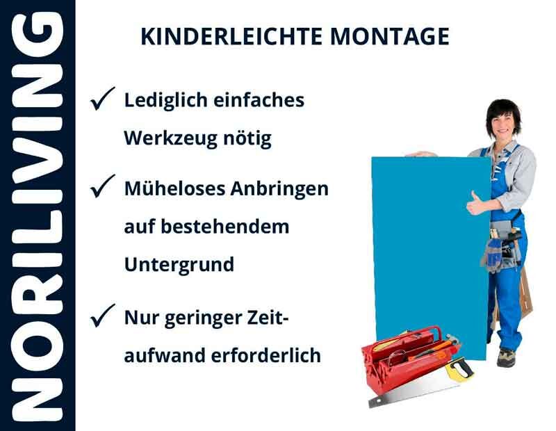 Person in Arbeitskleidung hält ein großes Paneel, daneben Montagehinweise für die einfache Installation von NORILIVING Produkten