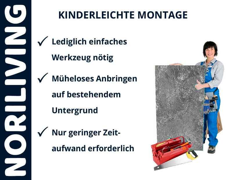 Werbeplakat von Noriliving mit einer Person, die eine Platte hält. Text beschreibt die einfache Montage mit wenig Werkzeug und geringem Zeitaufwand.