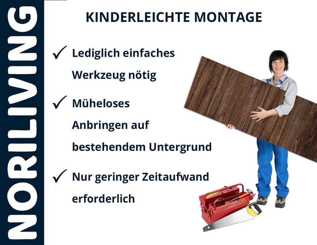 Person mit Holzpaneel und Werkzeugkasten, Text: "KINDERLEICHTE MONTAGE - Lediglich einfaches Werkzeug nötig, Müheloses Anbringen, Nur geringer Zeitaufwand"