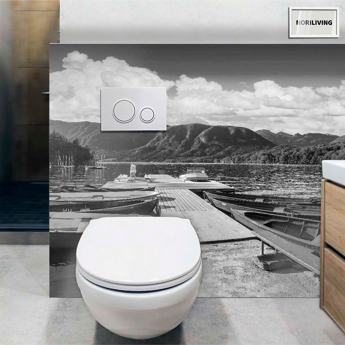 im WC eingebaute Toilettenrückwand mit Motiv See Panorama 962 schwarz-weiß